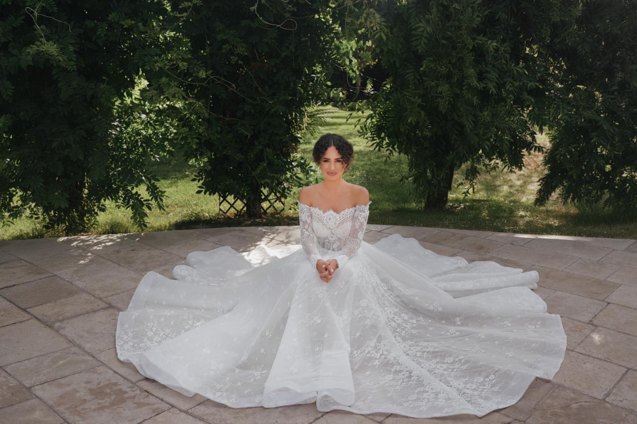 chinese dress ladies VENICIA Illusion Neckline Lace Sleeves Royal Jacquard A-Line Bridal Go   Alesia C