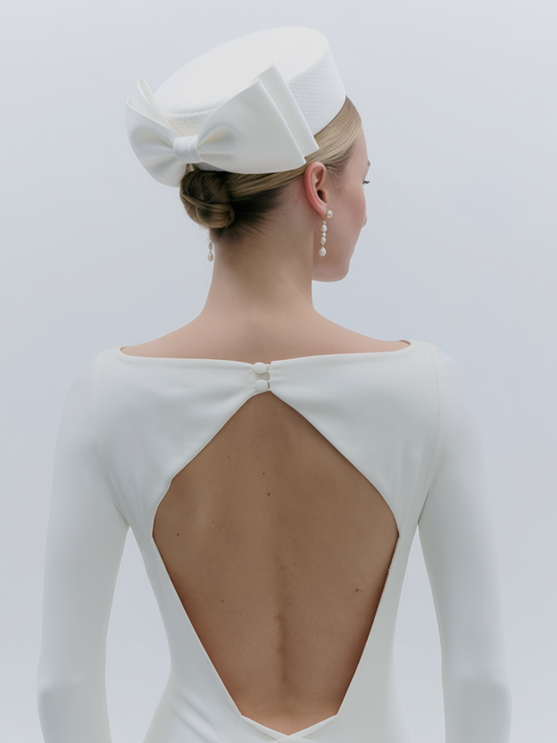Woman wearing a white dress with a cutout back design on a plain background