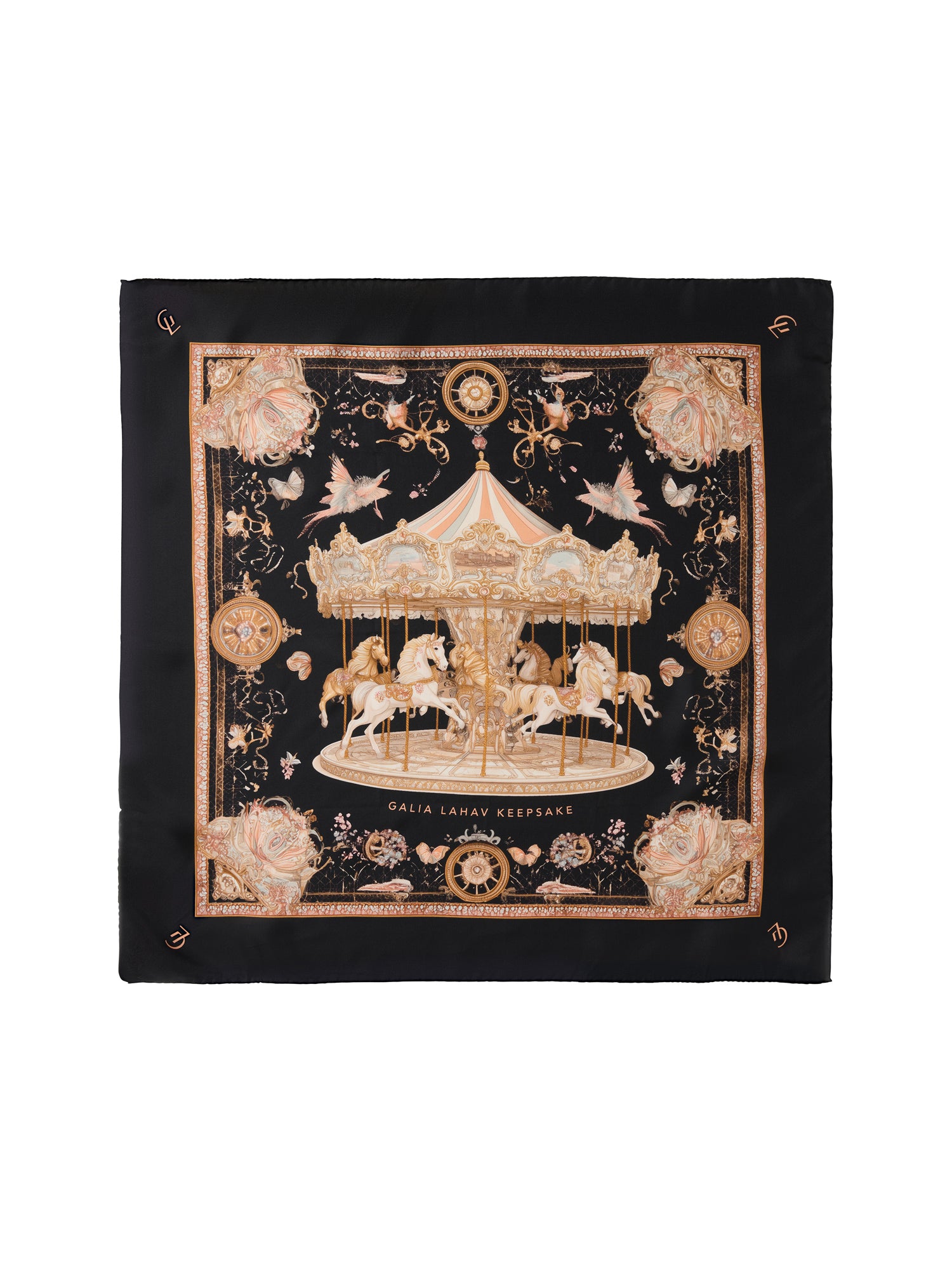 Decorative scarf with a carousel design on a black background