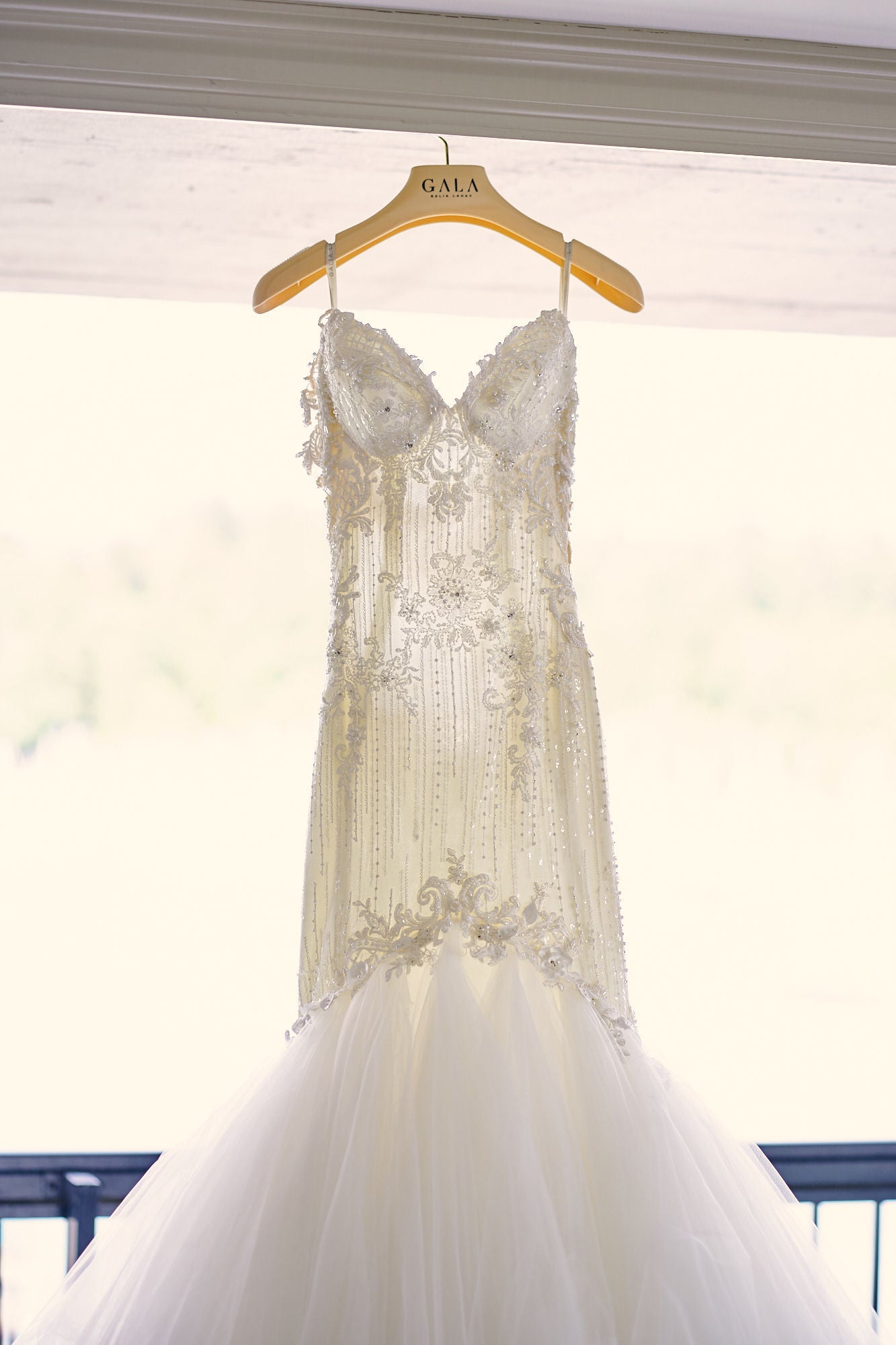 Galia Lahav Ms. Elle gown hanging up in a window