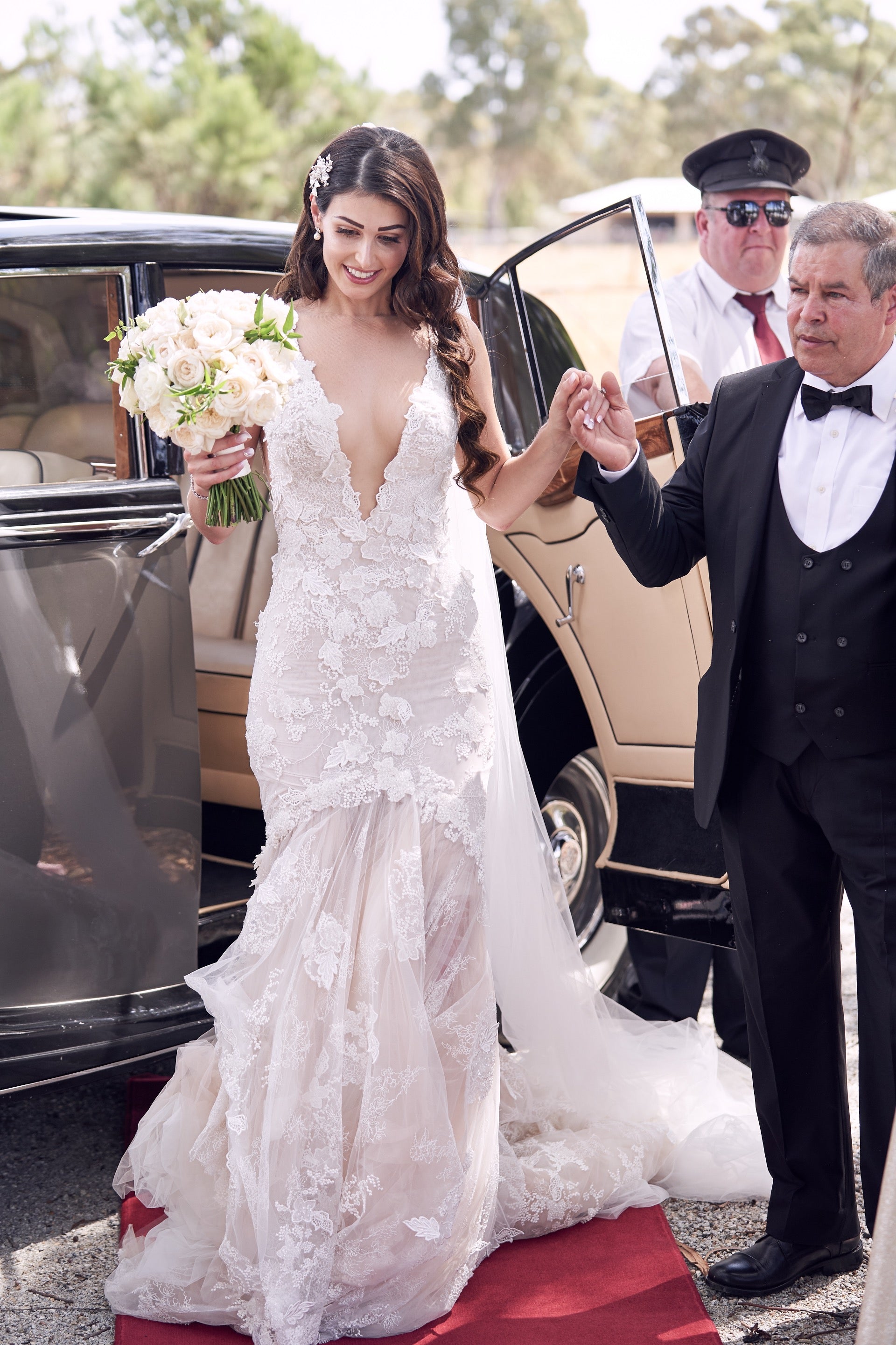 GL Bride Nadia in our GALA 1001 stepping out of a vintage car