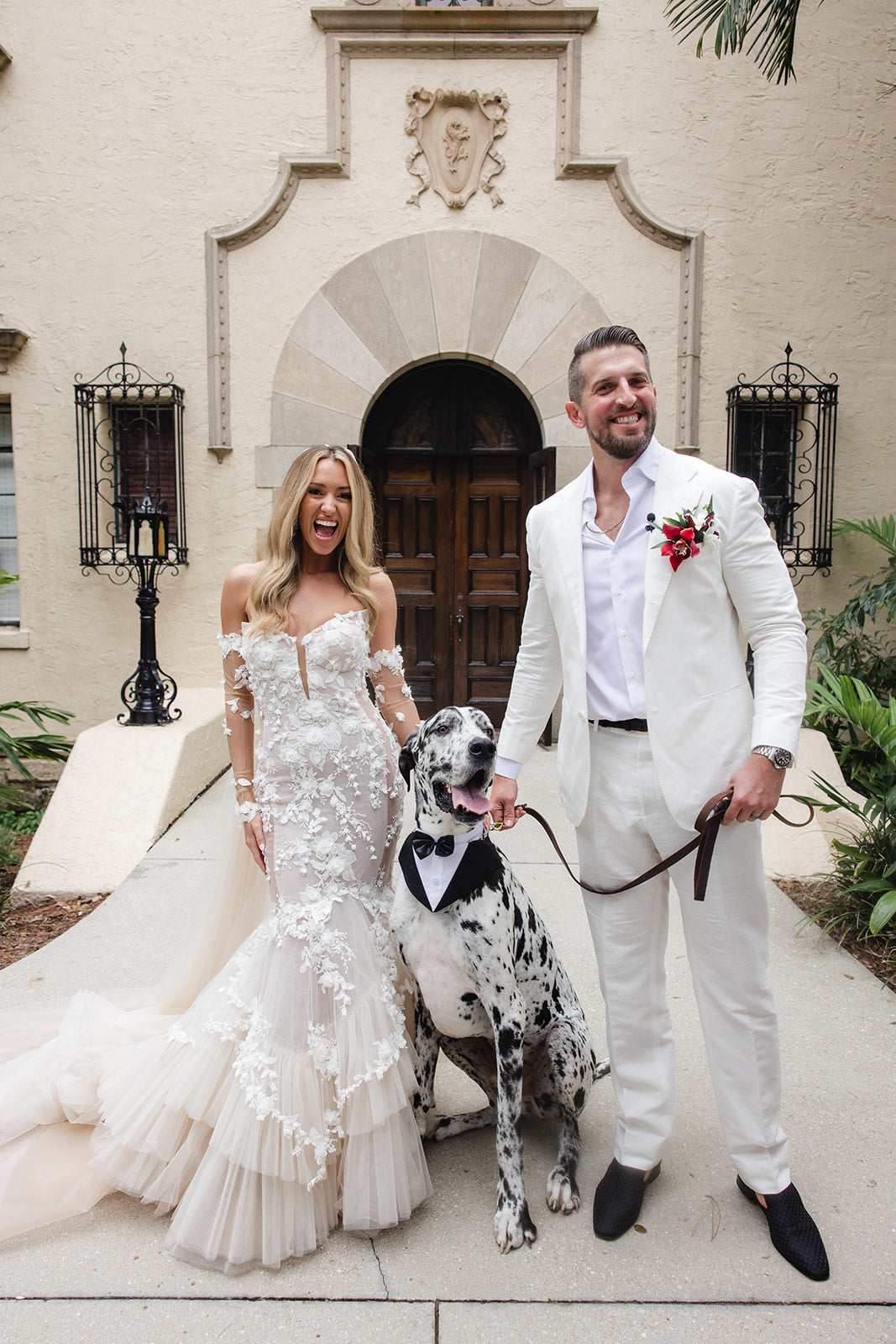 Summer Fox in Galia Lahav's Veronica Gown with her husband and great dane