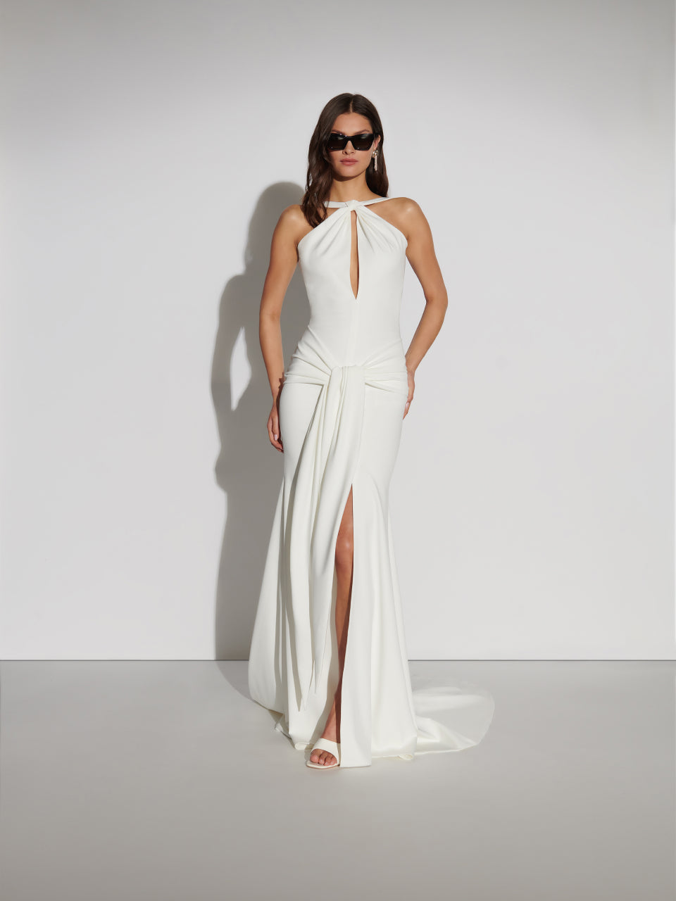 white halter reception dress White Engagement Party Backless Halter Midi Dress With Draped Neck and Tiered Hem