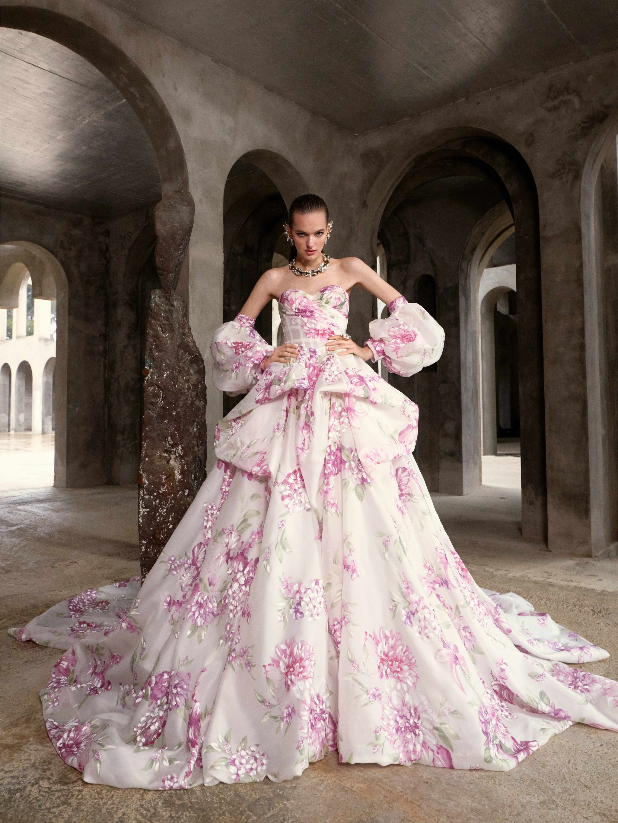 strapless open back dress White & Blush Pink Off-Shoulder Floral Quinceañera Ball Gown | Beaded  Corset Bodice Princess Dress GL3553 main image 1