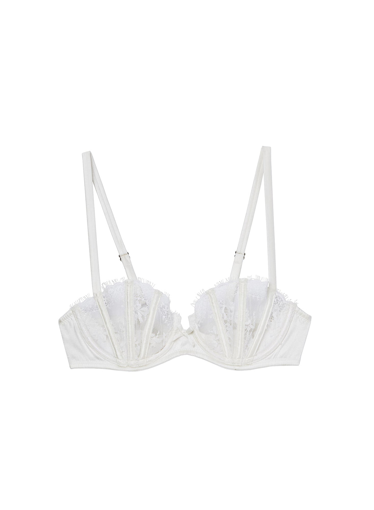 White bra with lace details on a white background
