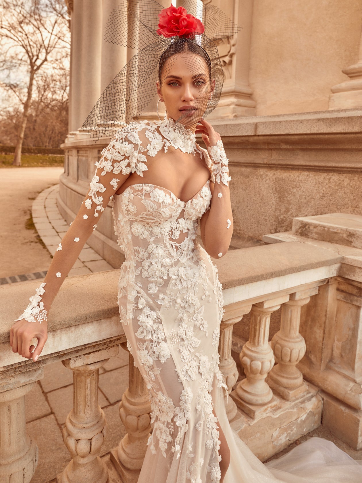 knee length dresses for ladies Trumpet Sleeves Floral Lace Wedding Dresses with Detachable Train AWD1933 main image 1