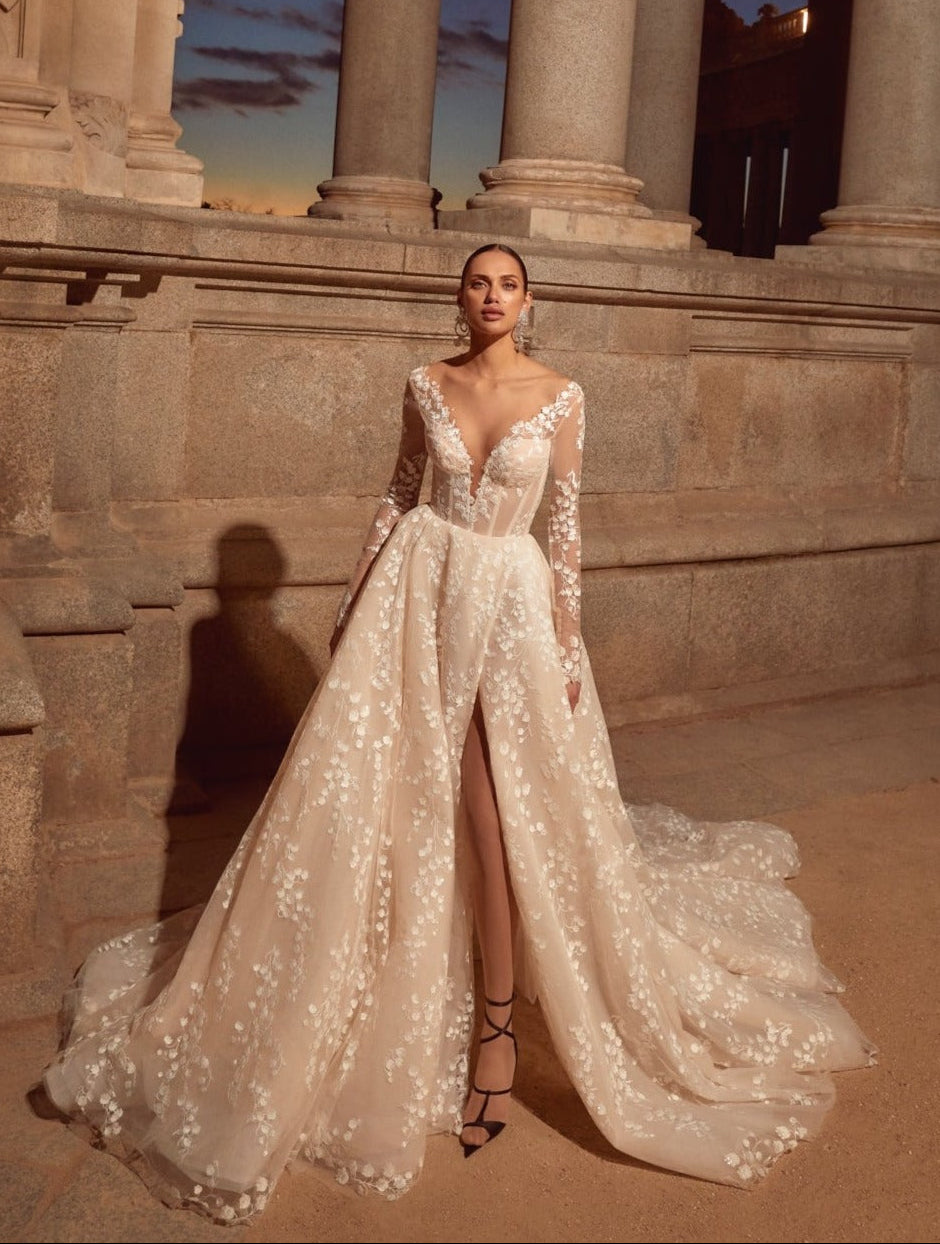 Reina Plunging V Neck Long Sleeved Princess Wedding Dress