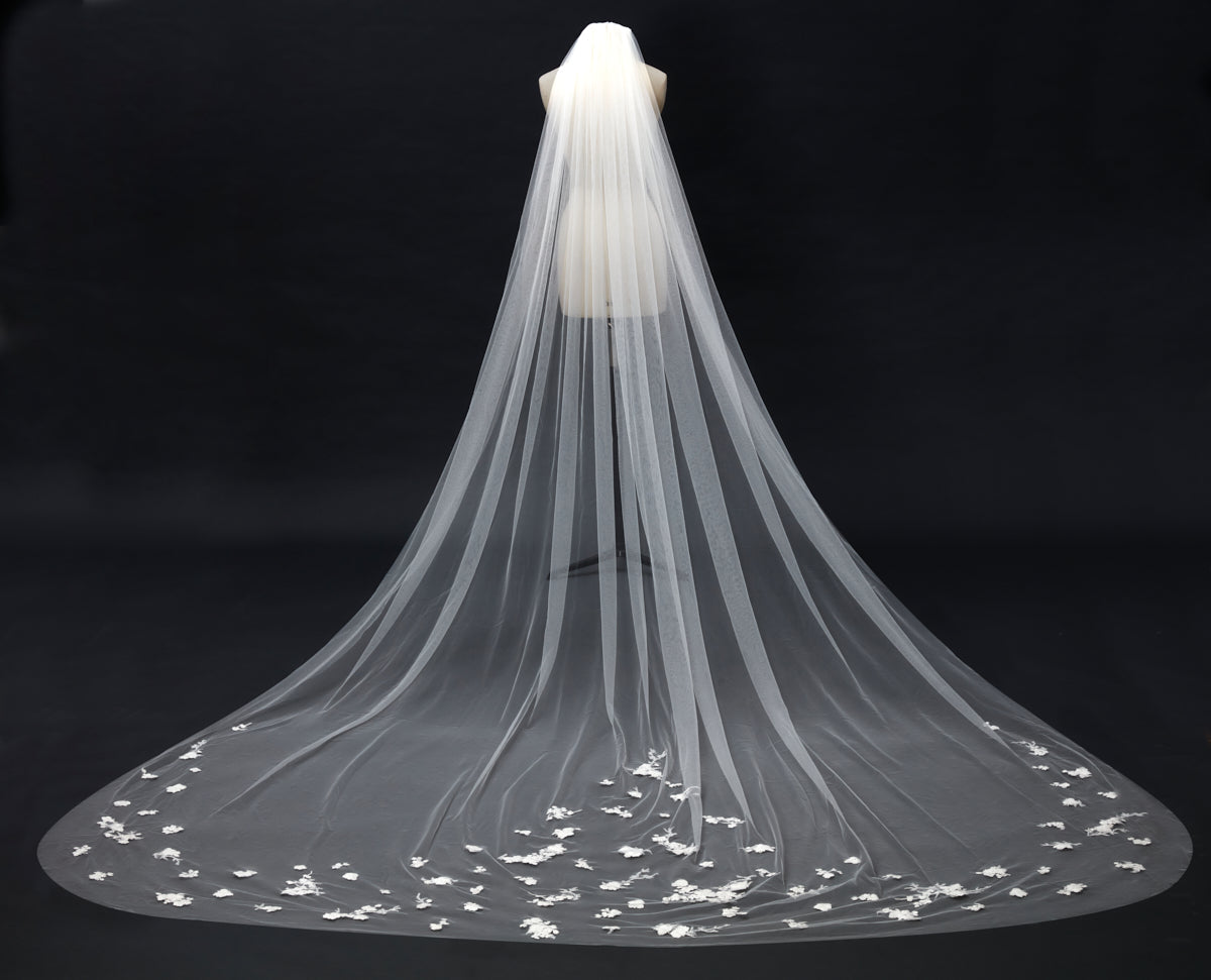 Gimaya Exclusive Veil | Floral Motif Silk Tulle Veil