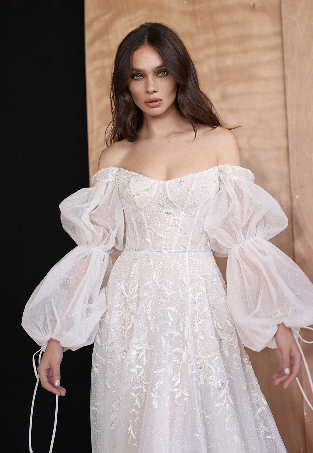 white christmas dresses Elegant Wedding Dress with off-the-shoulder corset with puffed sleeves and  a luxurious train – Marelli Exclusive main image 1