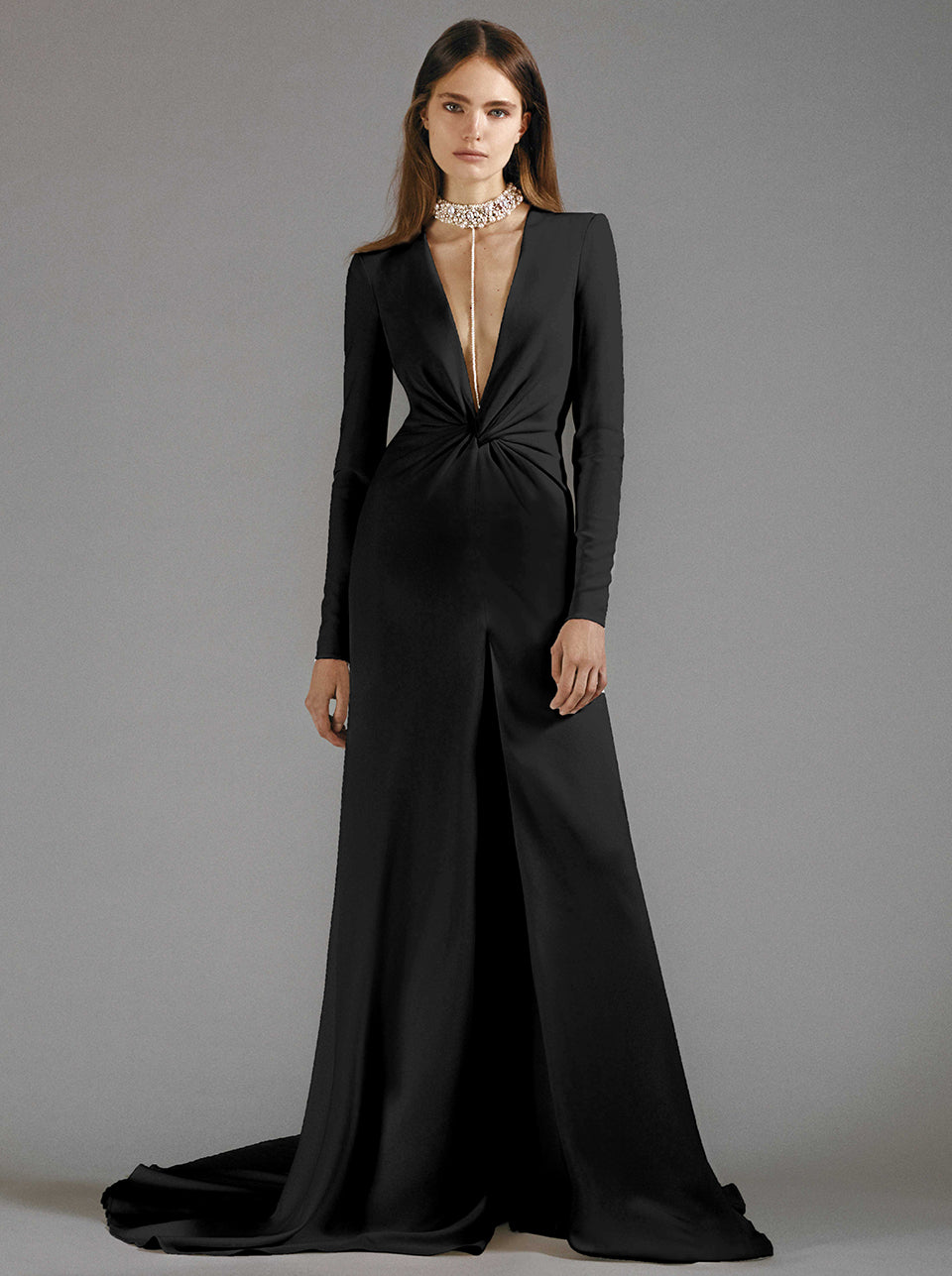 Jasmine Black Long Sleeve V Neck Evening Dress