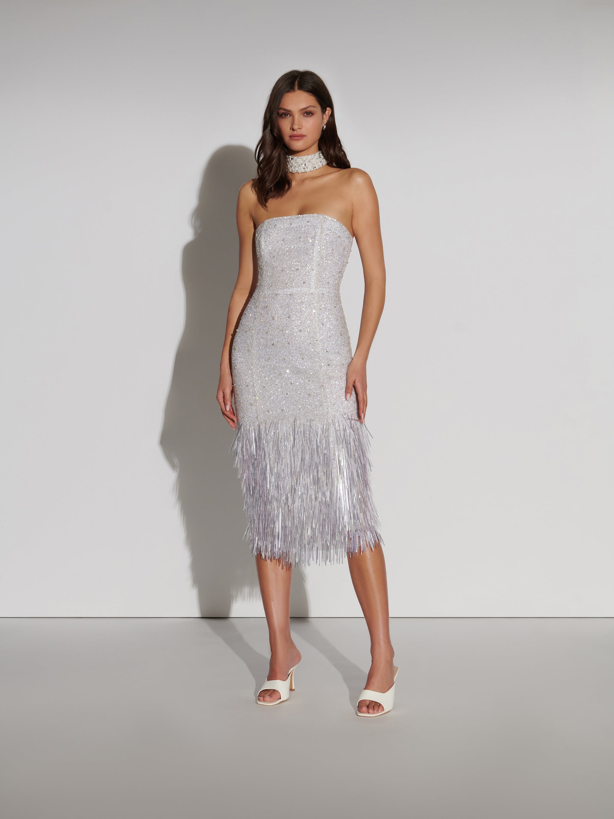 Alana | Fringed Sparkly Strapless Midi Reception Wedding Dress