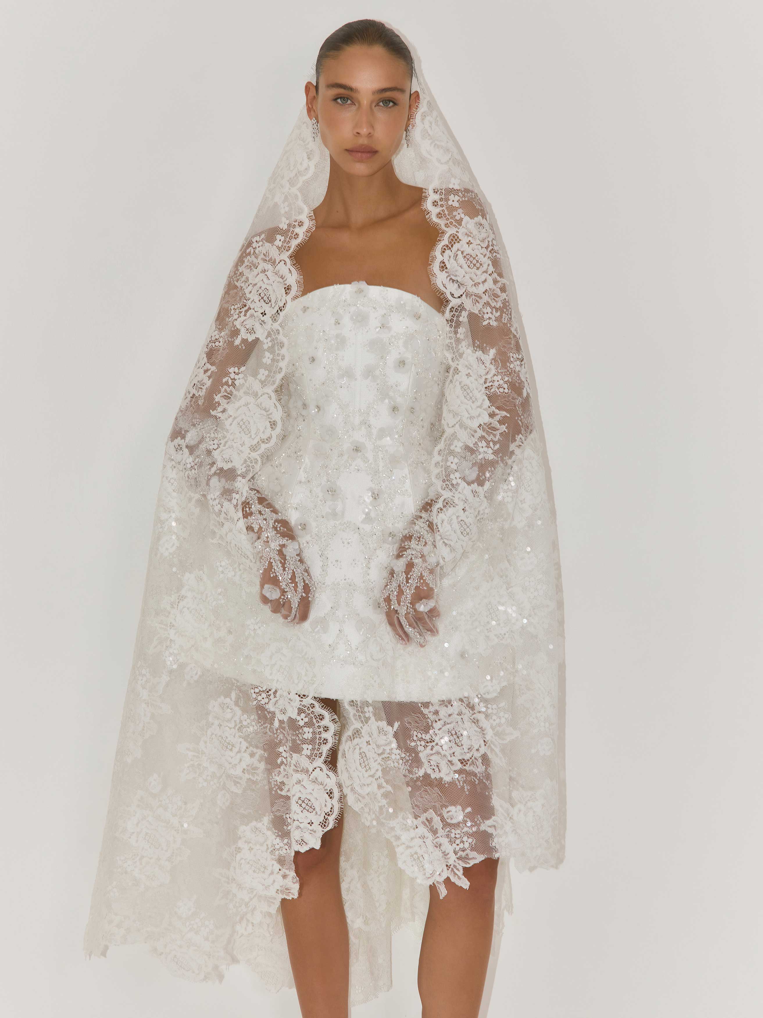 Woman wearing a strapless wedding dress with a long lace veil on a white background