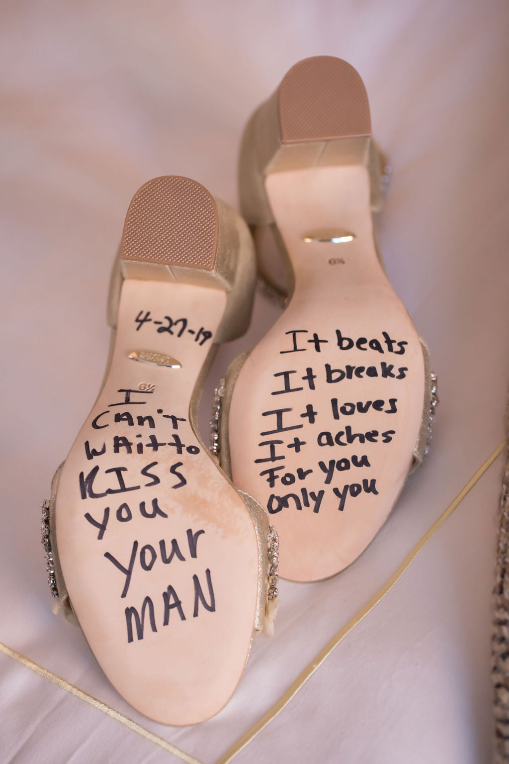 GL Bride Sam's shoes with writing on the soles from her soon-to-be-husband 
