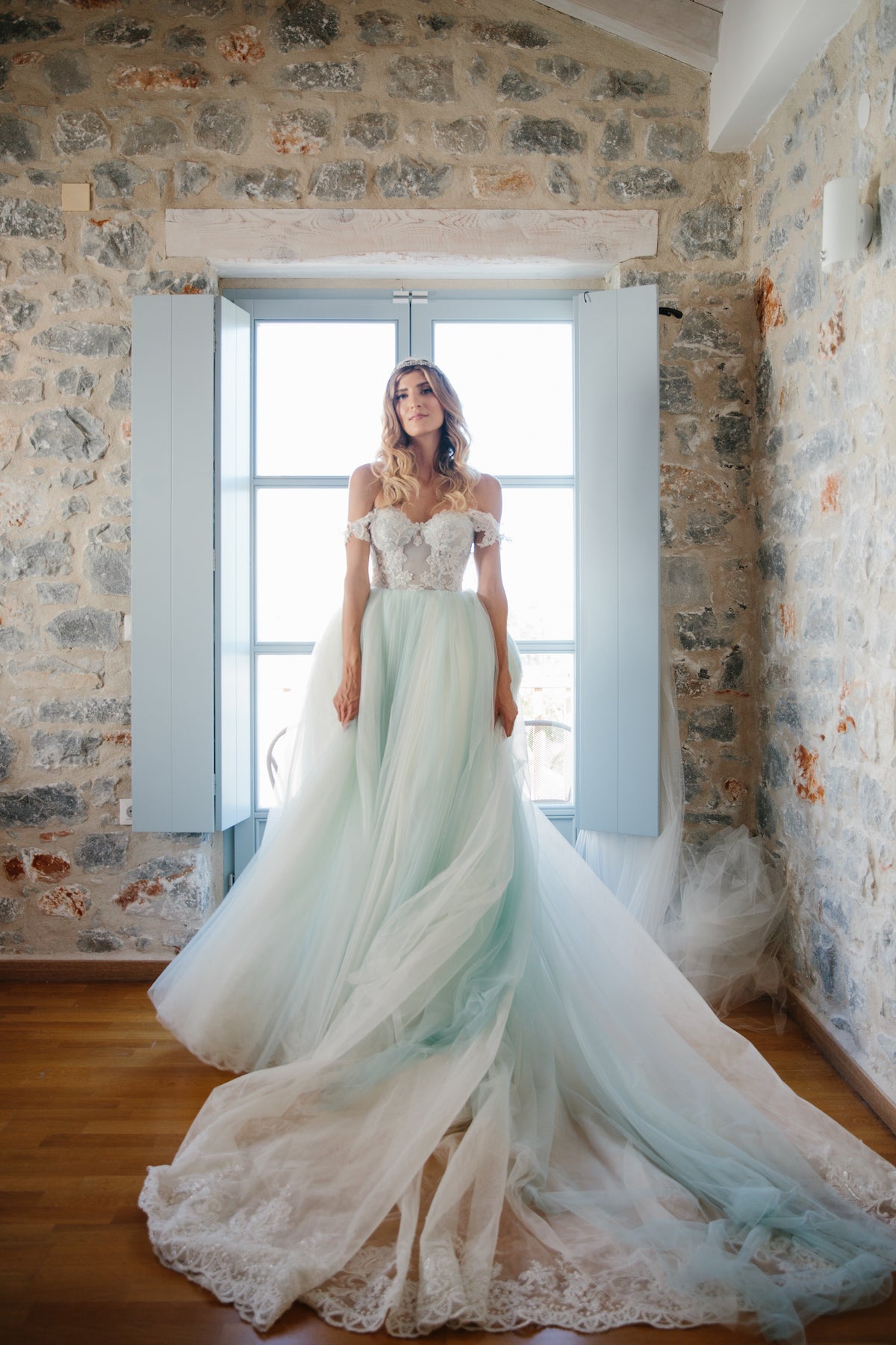 GL Bride Ariana wearing Galia Lahav's blue Cinderella gown 