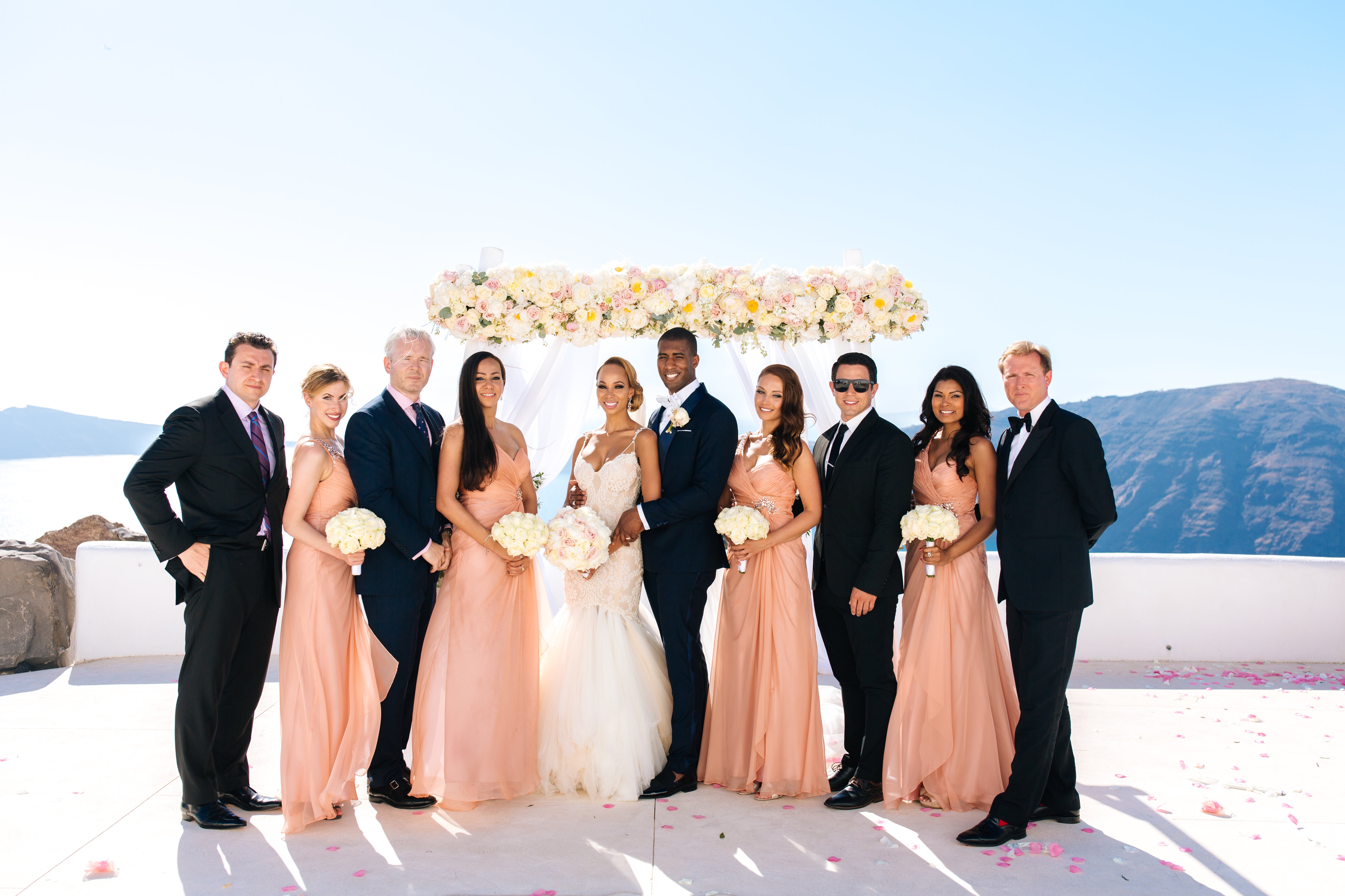 GL Bride Essie wearing Galia Lahav Patchouli with her groom and bridal party