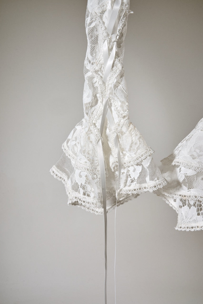 White lace lingerie set on a gray background