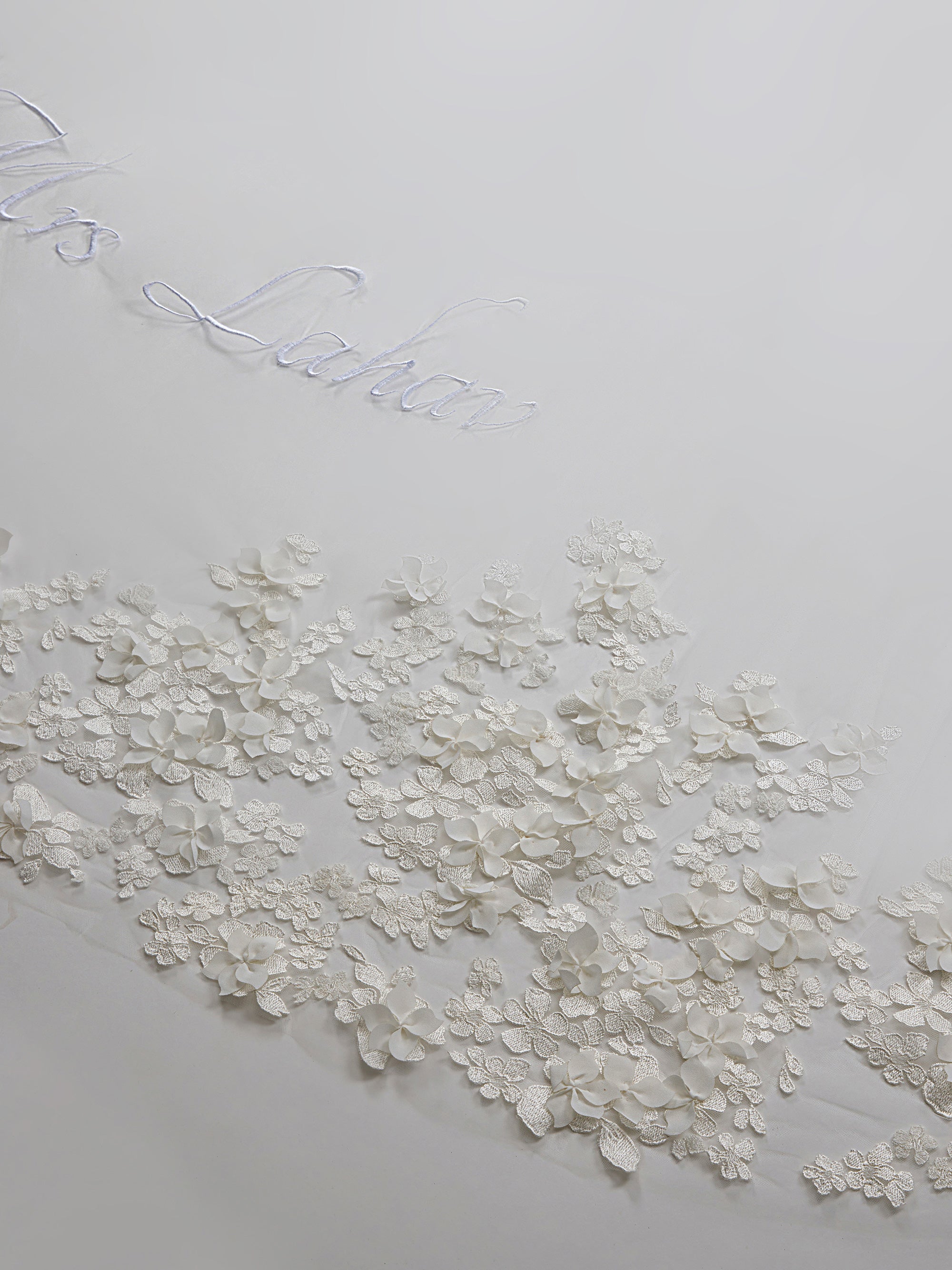 White floral lace applique on a light gray background