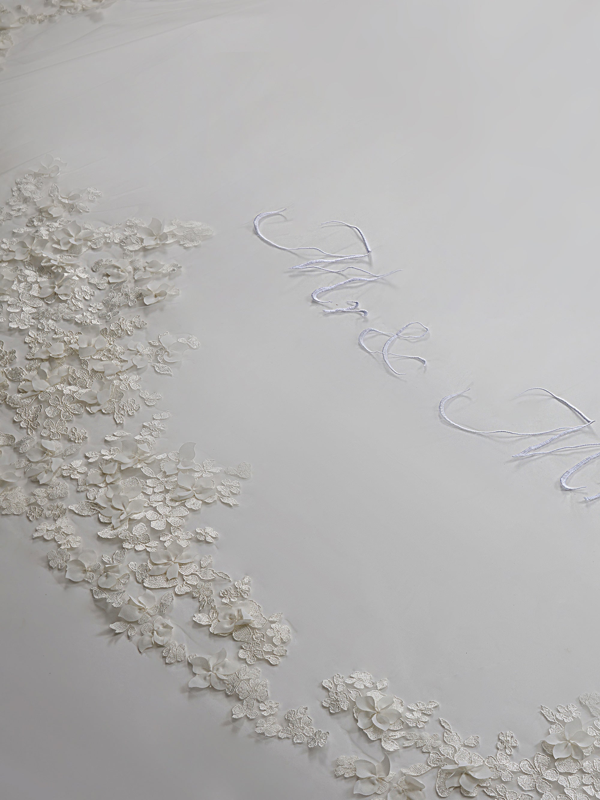 Decorative lace trim with floral patterns on a light gray background