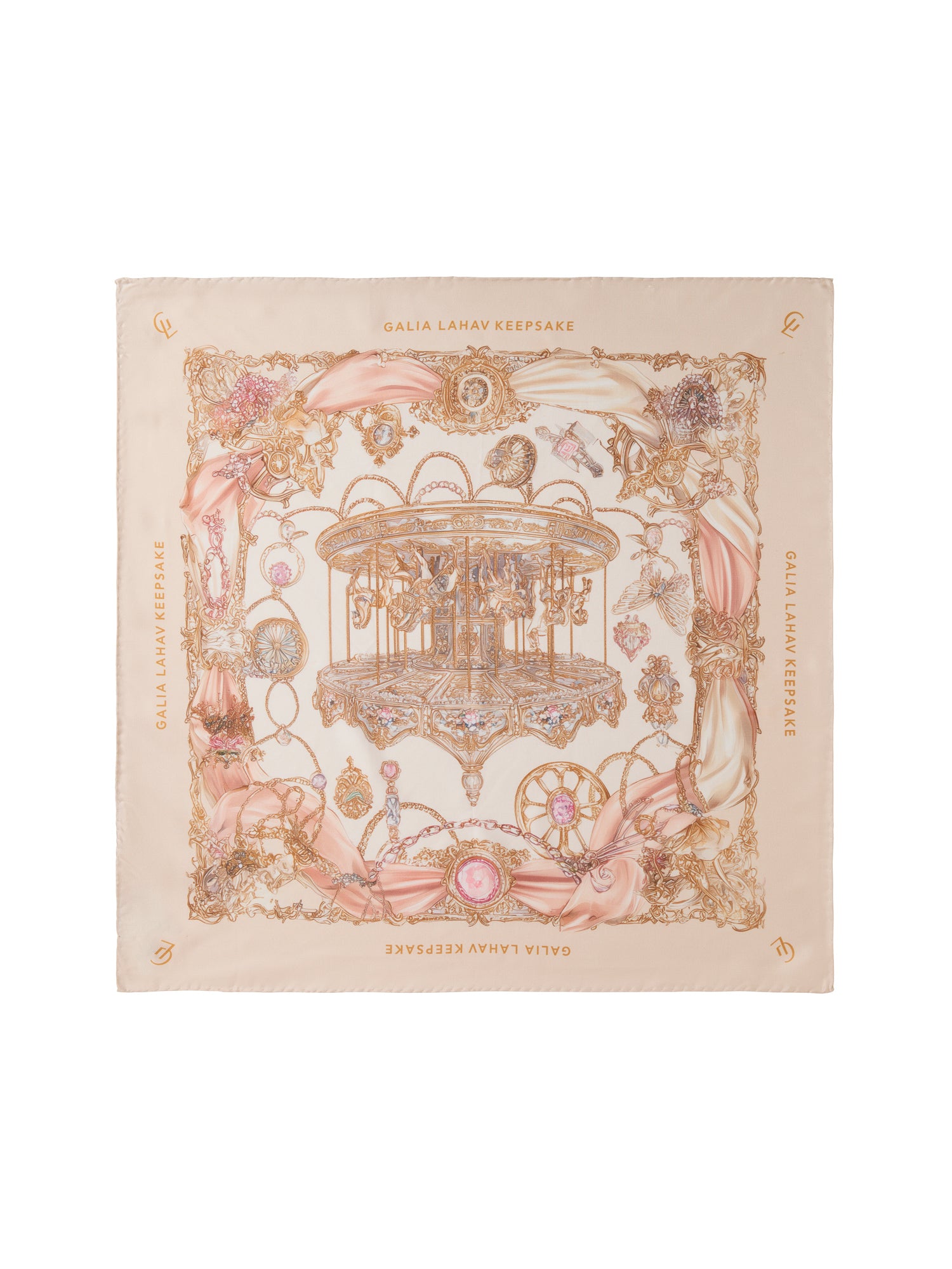 Decorative square scarf with carousel design on a white background