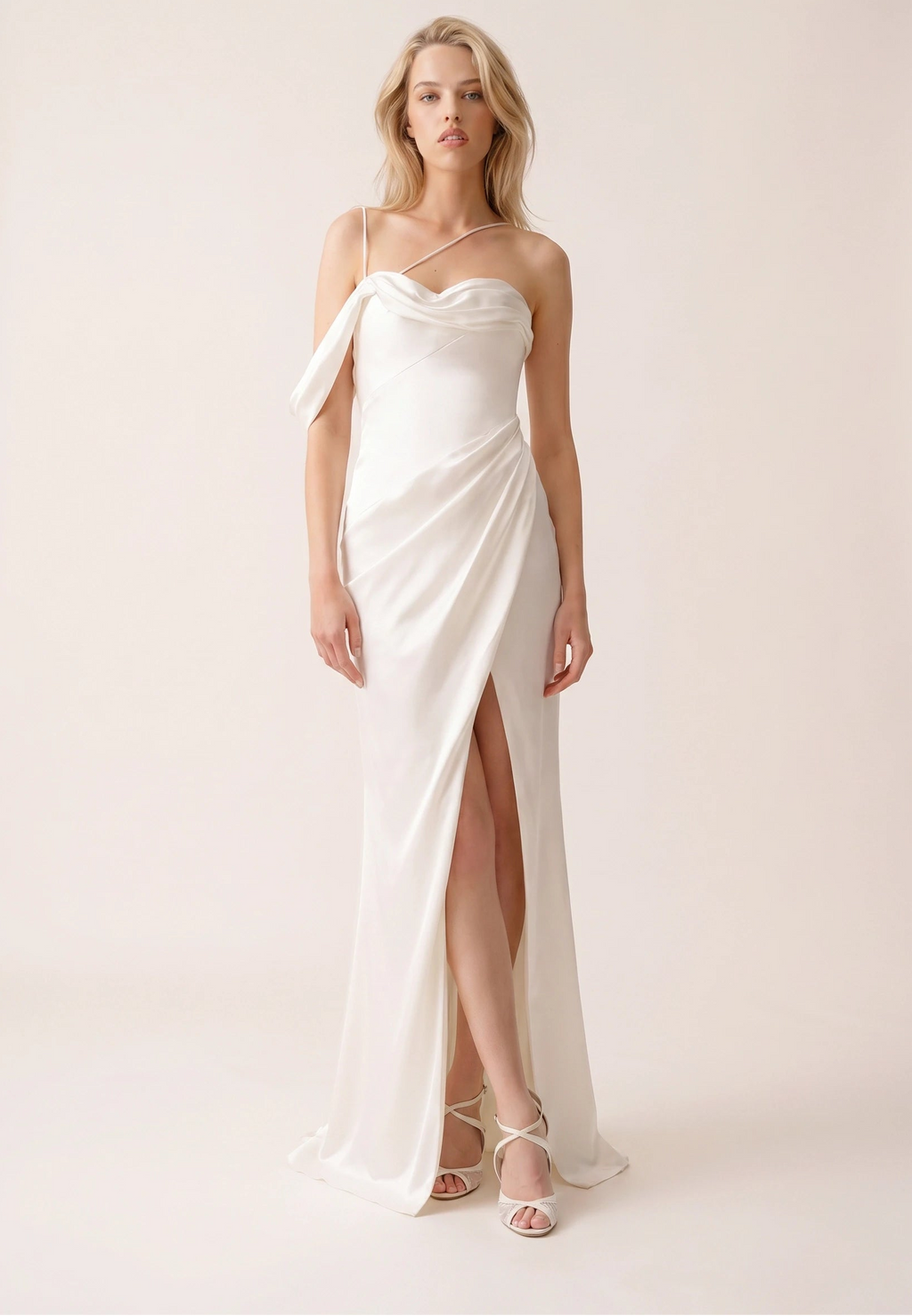 Elise | Ivory Satin Asymmetric Strap Reception Dress Elise | Ivory Satin Asymmetric Strap Reception Dress