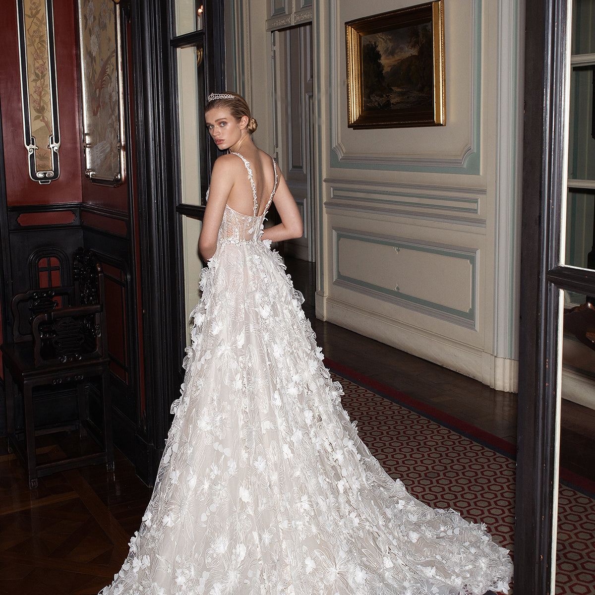 Fabiana Sheer Spaghetti Strap Embroidered Princess Wedding Dress