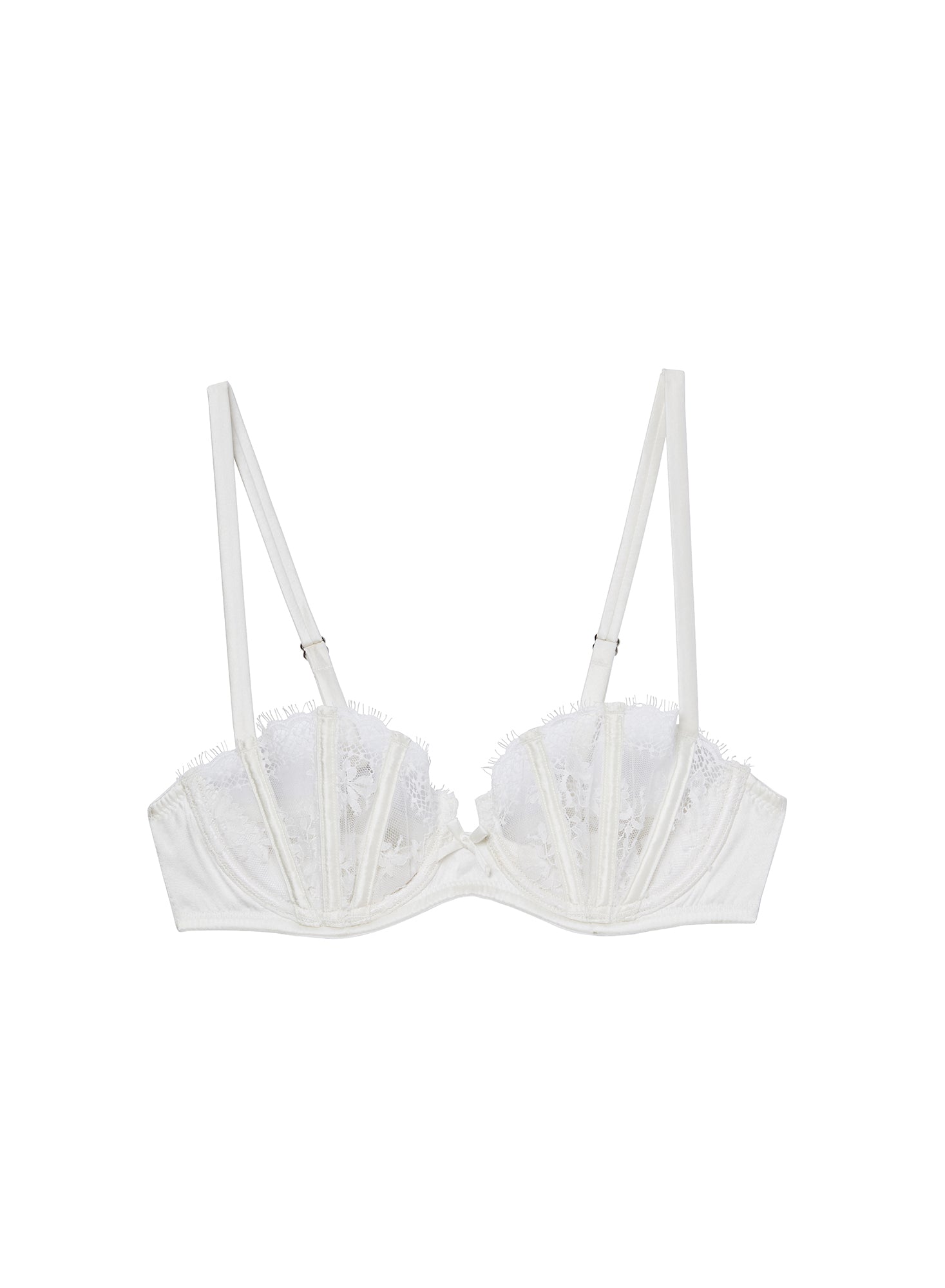 White bra with lace details on a white background