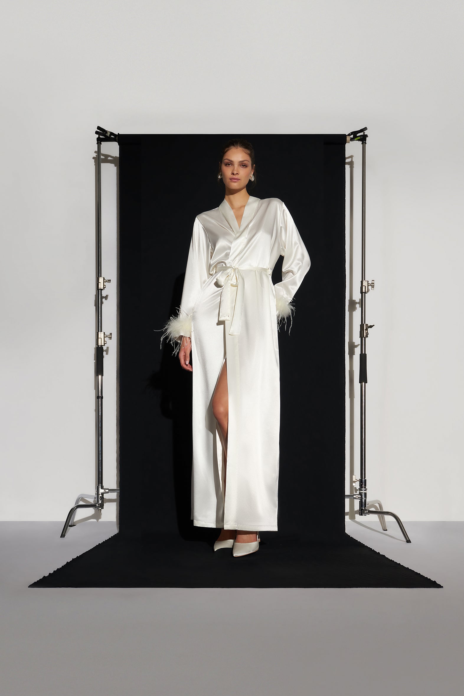 Long Bridal Robe Ivory | Long Sleeve Embellished Robe