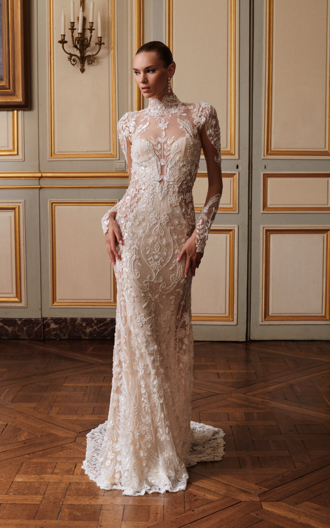 long sleeve high neck wedding dress High-Neck Mermaid Lace with Open Back HAREM's Brides Package Contents Luxury High Neck Modest Long