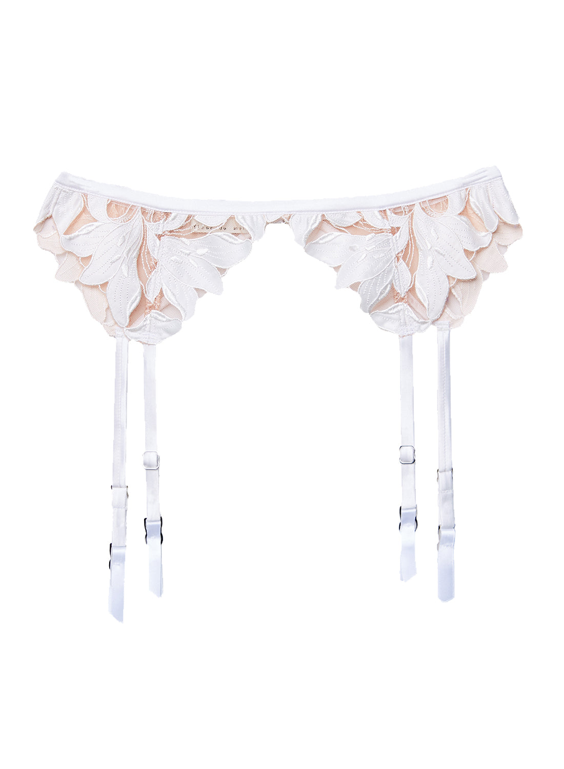 White lace garter belt with floral details on a white background
