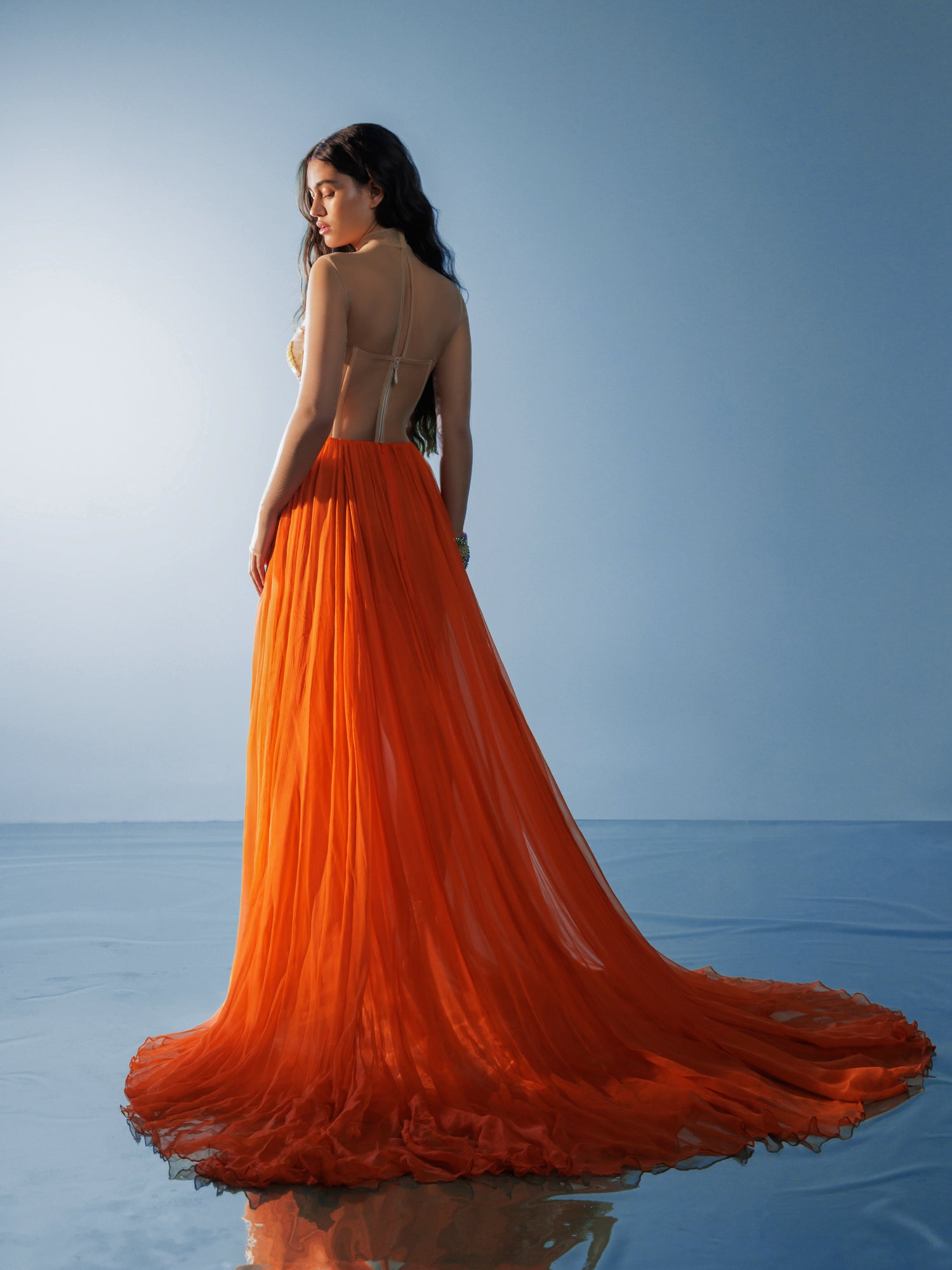 Peony Sheer Orange Chiffon Evening Gown - Main Image
