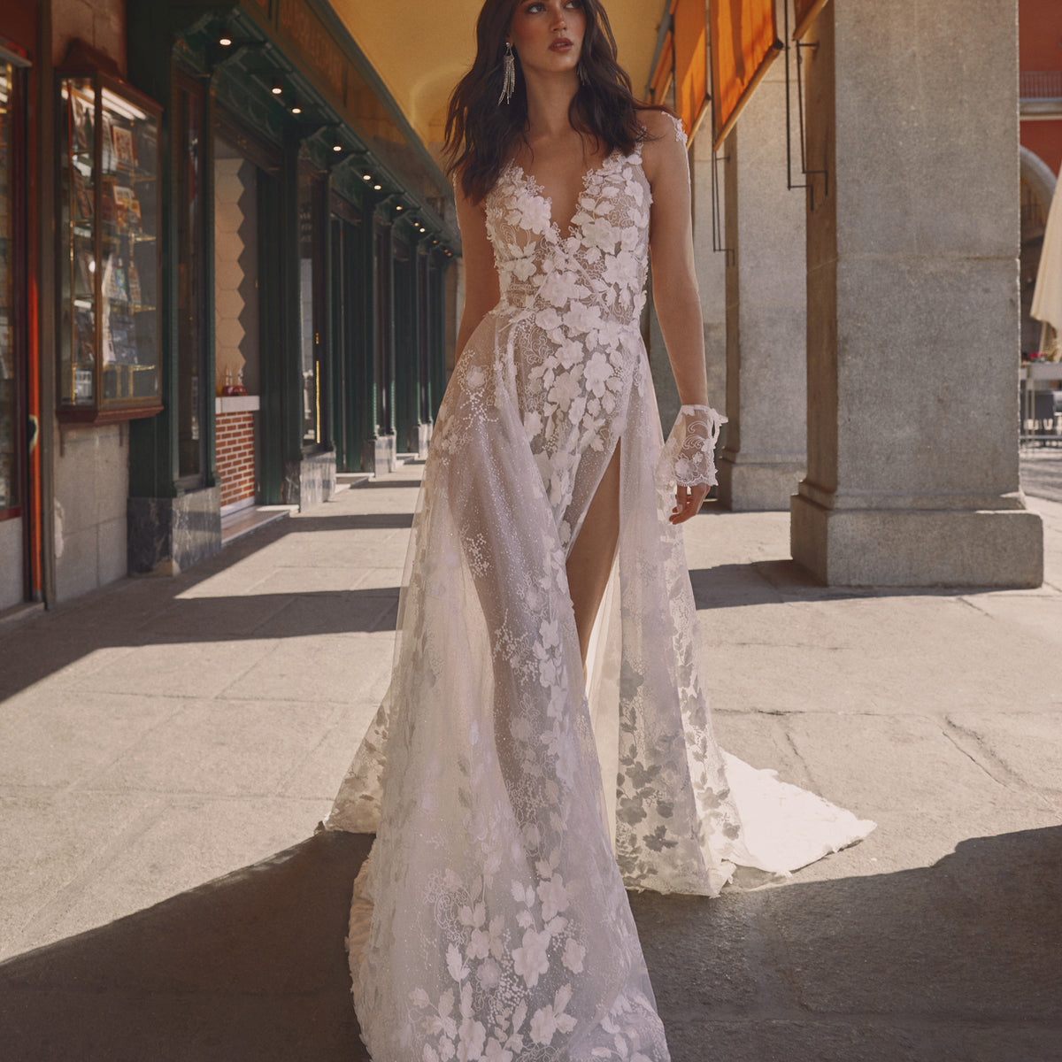 a line plunging neckline wedding dress Satin Neckline Wedding Dress With Pockets Lace Appliques WD217 US10 / Custom Color