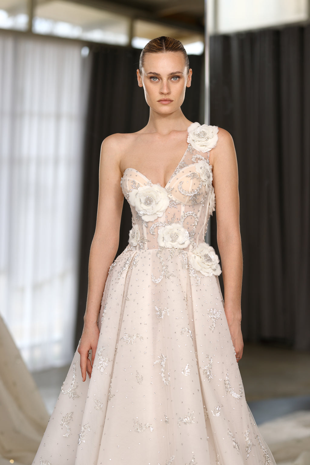asymmetric soleil dress Gown Galia Lahav Solange Modern Princess Wedding sequins dress cross back straps Tie To you:L/40 white dress strapless La