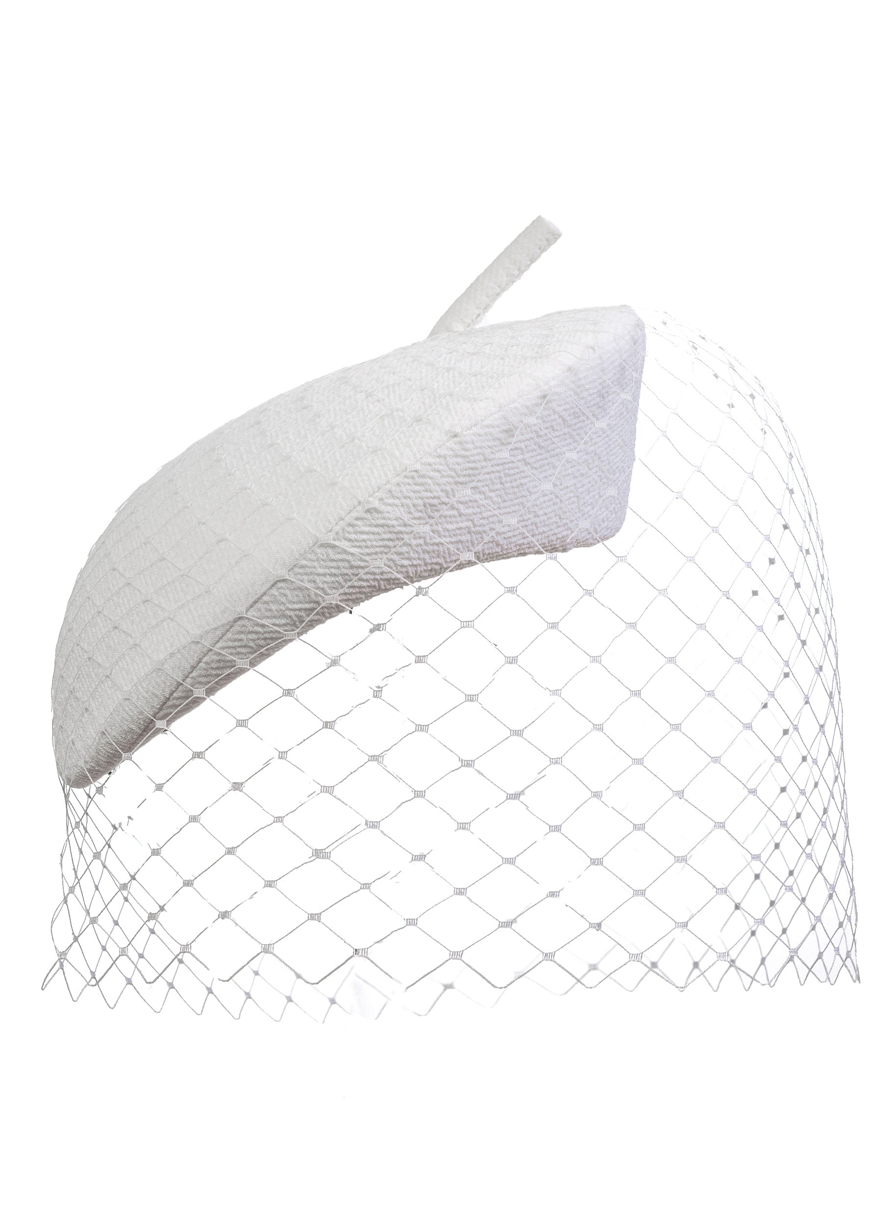 White headband with a mesh veil on a white background